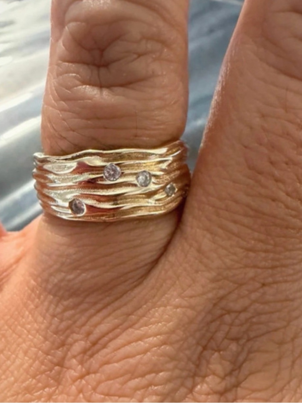 Gold Wave Stackable Ring with CZ Accents